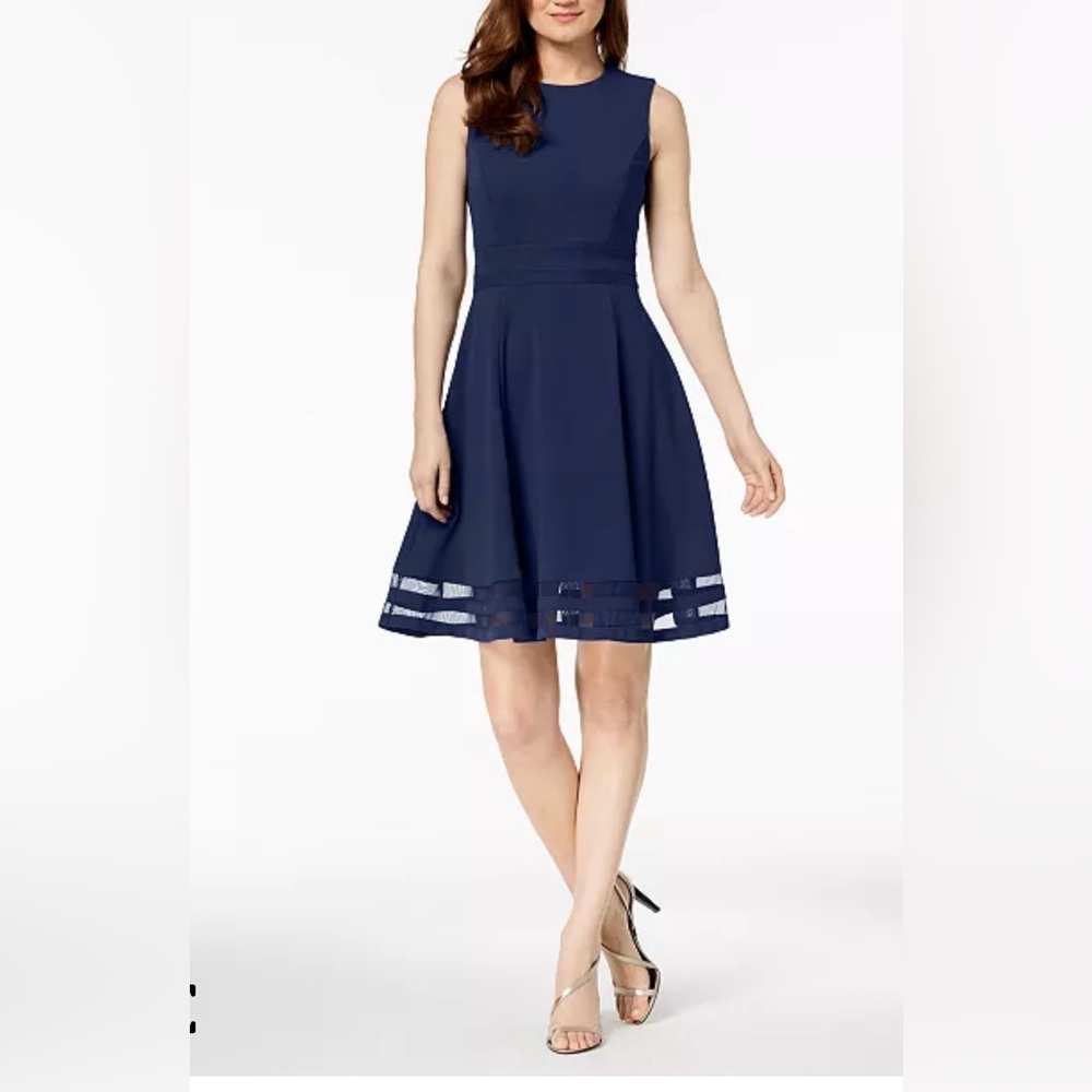 Calvin Klein Illusion-Trim Fit & Flare Dress Size 4 Navy